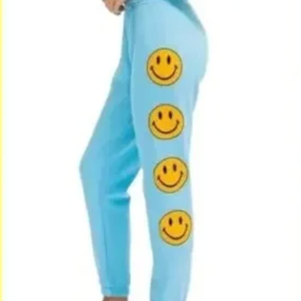 Aviator Nation Blue Smiley Sweatpants Jogger Yellow Comfy Athleisure Comfy Small